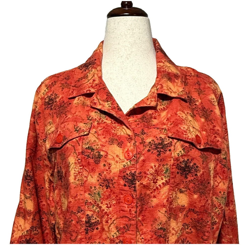 CJ Banks Top Womens 2X Orange Floral Linen Blend Button Up Pockets‎ Long Sleeve